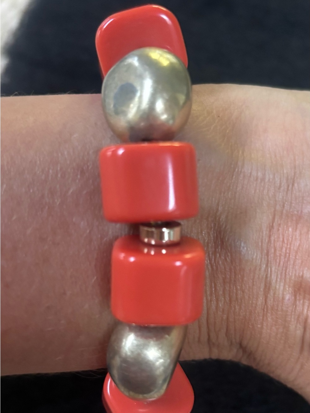 Coral and Silver Bead Stretch Bracelet - Women Jewelry